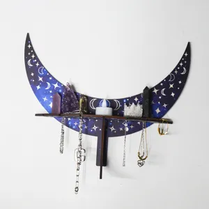 Boho moon wall shelf crystal display wood hanging jewelry organizer and candle stand