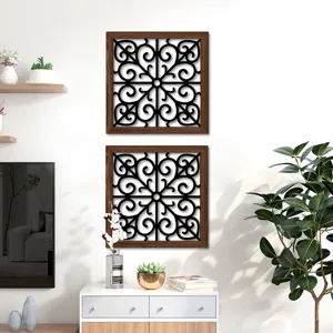 Wooden hollow wall decor mural, retro scroll carved design with wood grain finish for living room.