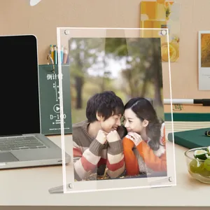 Clear acrylic photo frame double layer desk picture holder with metal stand and screws.