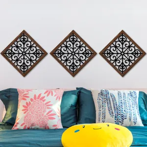 Wooden hollow wall decor set diamond shaped wood grain art panels for living room bedroom