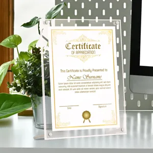 Clear double layer acrylic certificate frame photo holder with metal screws for desk display.