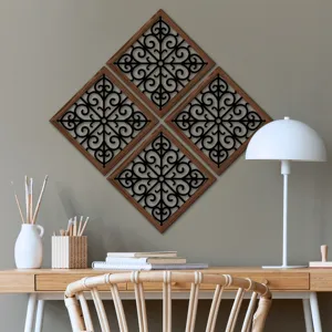 Wooden hollow wall art set, vintage geometric scrollwork decorative panels for living room.