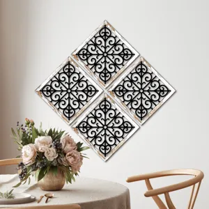 Wooden Hollow UV Printed Wall Art Set of 4 Diamond Hanging Home Decor Living Room