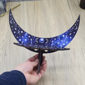 Wooden moon shelf boho room decor crystal display holder crescent moon storage rack detail