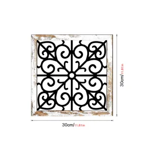 Wooden hollow wall art decor with distressed white frame and black scrollwork pattern 30cm
