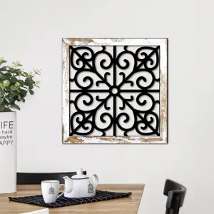 Wooden hollowed wall decor detail, rustic square hanging art for living room and bedroom style.