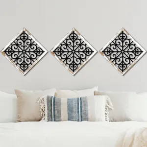 Wooden hollow wall decor panel set, vintage black scroll design for bedroom home interior.