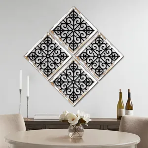 Set of 4 rustic wooden wall art decor with black scrollwork and distressed white frame.