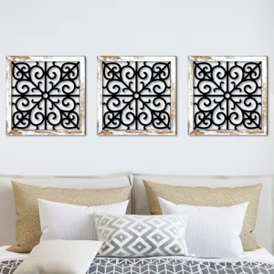 Wooden hollow wall decor 3-piece set, vintage white frame with black scrollwork for bedroom.
