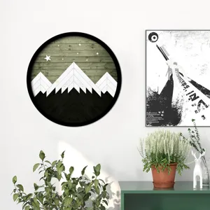 Scandinavian circular wooden framed wall art featuring geometric mountain and starry night pattern.
