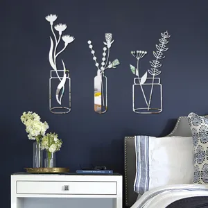 3D acrylic mirror wall stickers featuring elegant floral vase designs for modern home wall decor.