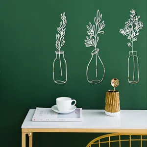 3D acrylic mirror wall sticker, potted plant vase design for home decor, stylish detail view.