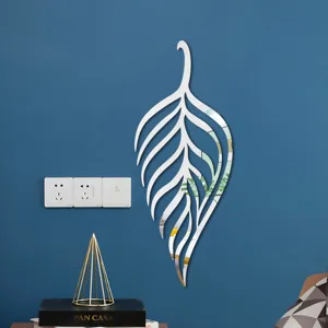 Detailed view of 3d acrylic leaf mirror wall sticker, modern home decor reflective wall art.