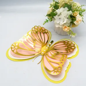 3D multi-layer hollow pearlized paper butterfly wall sticker for wedding and holiday decor.