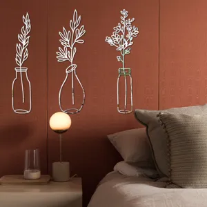 3D acrylic mirror wall stickers flower vase set for home decor bedroom wall art 3pcs
