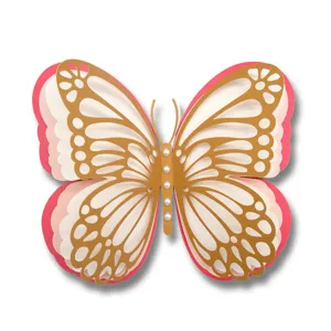 3D layered hollow pearl paper butterfly wall sticker detail, gold and pink design.