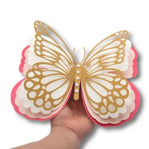 3D layered hollow pearlescent paper butterfly wall sticker with pearls for party wedding decor.