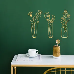 3D acrylic mirror wall sticker golden flower vase home decor self adhesive wall art decor