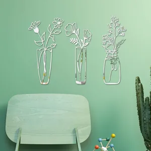 Detailed view of 3D acrylic mirror wall sticker featuring elegant flower vase design decor.