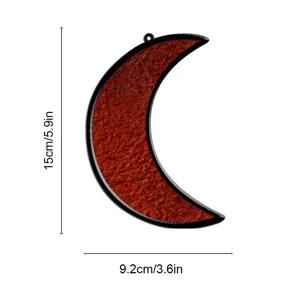 Red crescent moon stained glass style suncatcher detail view, acrylic hanging pendant decor.