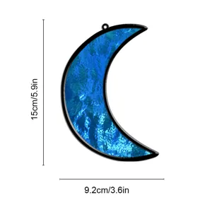 Blue stained glass crescent moon suncatcher window hanging ornament decor detail view.