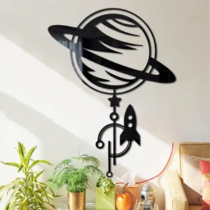 Detail of 3D acrylic mirror wall sticker featuring planet and rocket for home decor.