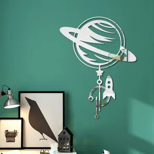 3D acrylic mirror wall sticker featuring planet and rocket design for home wall decor detail.