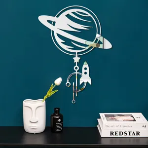3D acrylic mirror wall sticker featuring a Saturn planet and rocket design, perfect for modern home decor.