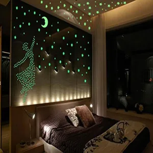 Glow in the dark star and moon wall stickers for bedroom ceiling decor, luminous night glow decals.