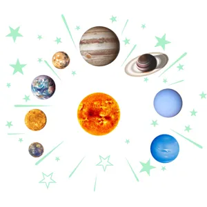 Solar system luminous wall stickers featuring sun, planets, and glowing stars for kids' room decor.