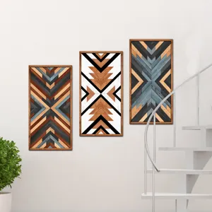 Nordic wooden wall art set, geometric mosaic design, modern hanging decor for living room bedroom.