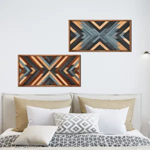 Nordic wooden geometric wall art detail, modern decorative wood panel hanging.
