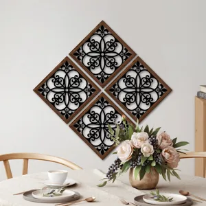 Decorative wooden wall art panels, 4-piece diamond hollow carved floral home decor murals.