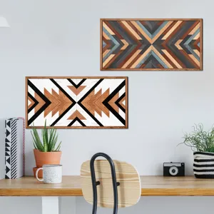 Nordic geometric wood framed wall art painting detail view for modern home decor.