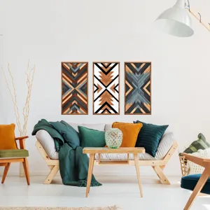 Nordic style geometric wooden wall art detail, modern living room hanging decor scene showcase.