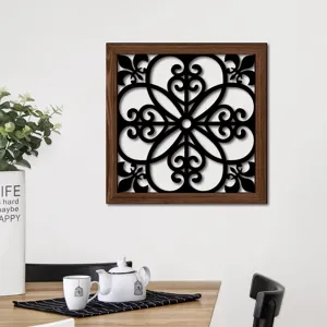 Wooden cutout wall art decor, retro wood grain frame, elegant black filigree design for home.