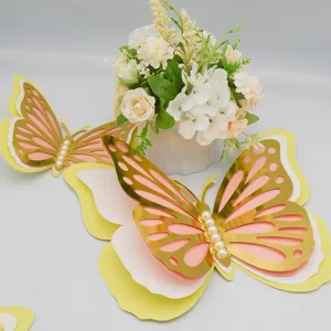 3D hollow butterfly wall stickers, multi-layer gold pink paper decor with pearls for home.
