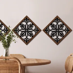 Exquisite wooden hollow wall decor featuring intricate black scrollwork in a stylish diamond frame.