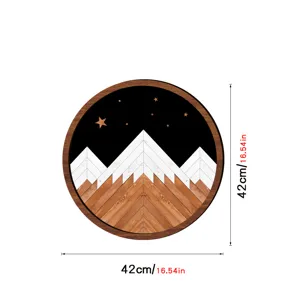Nordic wooden wall art with geometric mountain design, round hanging decor, 42cm size.