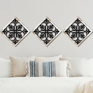 Wooden hollow wall decor set, vintage carved geometric panels for bedroom and living room.