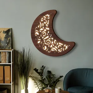 Lampada da parete LED luna in legno nordico, design floreale intagliato cavo per arredamento.