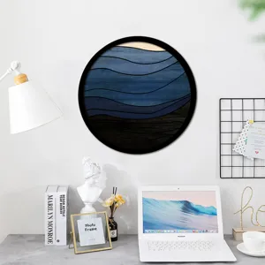 Nordic round wooden framed wall art with abstract blue geometric wave pattern for home decor.