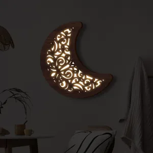 Applique murale LED luna in legno bohemien, lampada notturna scolpita per decorazioni case.