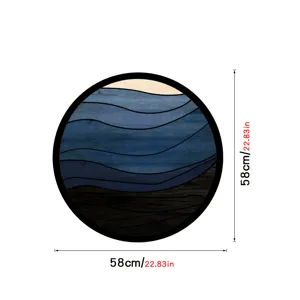 Nordic round wooden framed wall art painting geometric blue wave pattern home decor 58cm