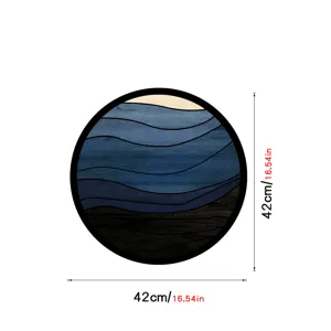 Round wooden wall art with abstract blue wave geometric pattern, 42cm diameter modern home decor.