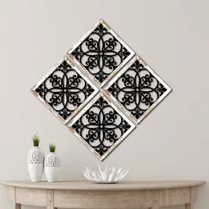 Set of four diamond wooden wall art panels featuring intricate scrollwork and rustic distressed frame.