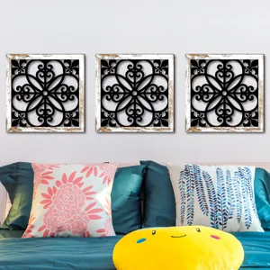 Wooden hollow wall art decor 3-piece set with vintage distressed white frames for home.