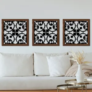 Wooden hollow wall art set of three with wood grain frame and black geometric decor.