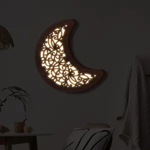 Lampada da parete a luna in legno boho con retroilluminazione LED, applique intagliata nordica.