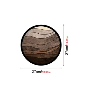 Detailed view of the round wooden wall art featuring geometric wave patterns in neutral tones.